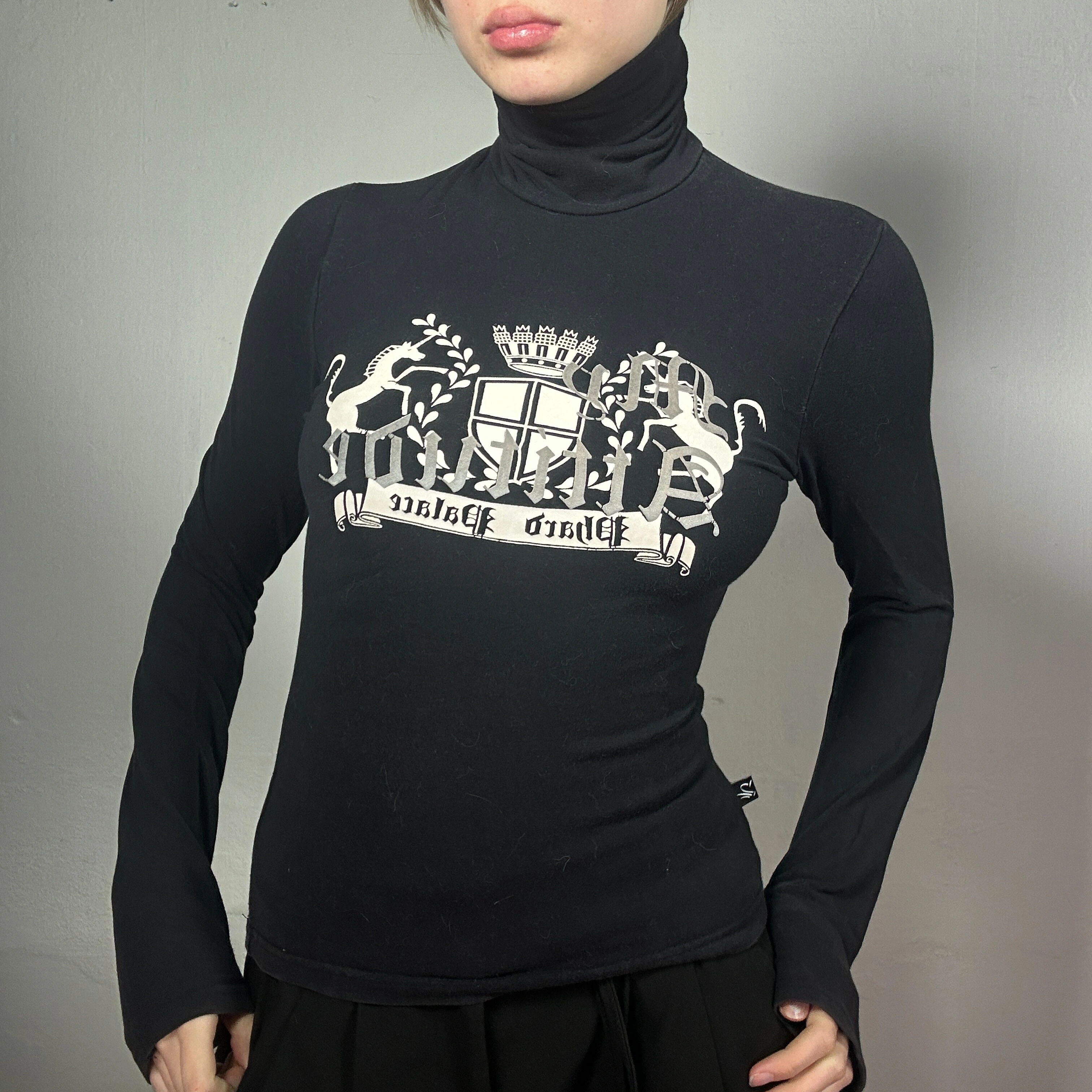 Vintage 2000's Gothic Black Long Sleeve Turtleneck Top with Graphic Print (S)